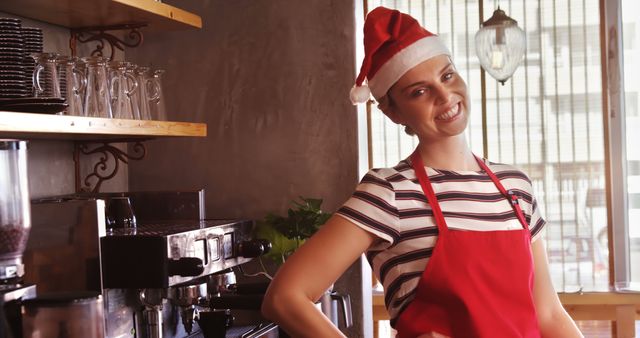 Happy Barista Smiling in Santa Hat at Coffee Shop - Download Free Stock Images Pikwizard.com