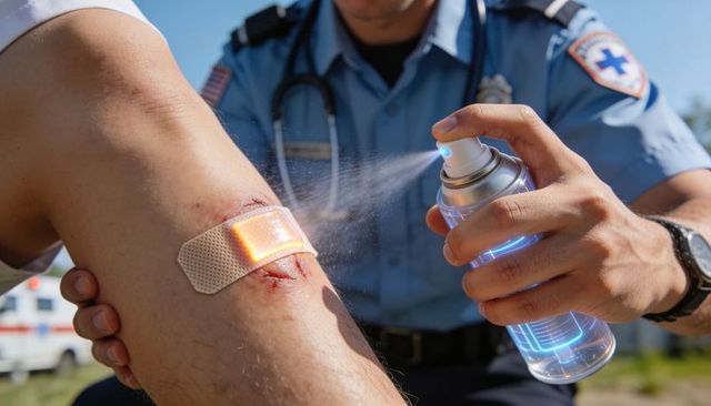 Paramedic spraying antiseptic on knee with glowing smart bandage during roadside rescue