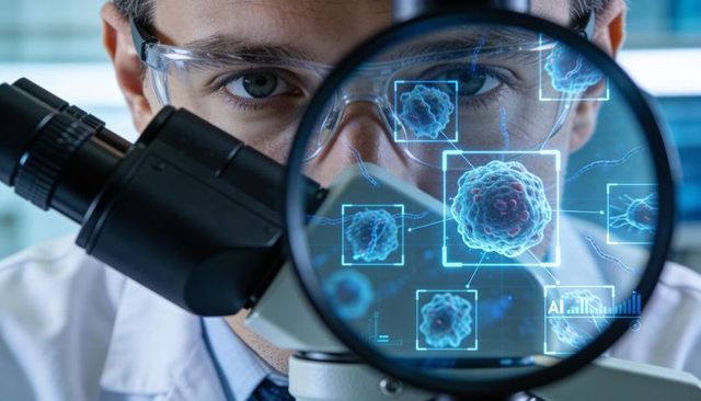 Researcher Analyzing 3D Cellular Structures Through Microscope with AI HUD Overlay