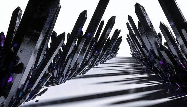 Black crystal corridor forming symmetrical rows of faceted shards casting purple reflections
