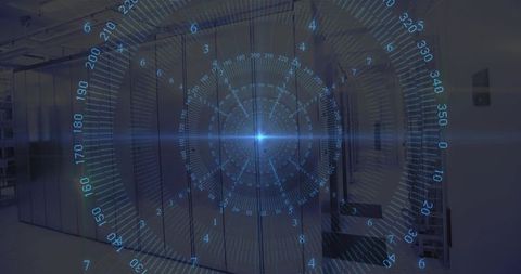 Projecting blue holographic HUD over data center aisle with server racks