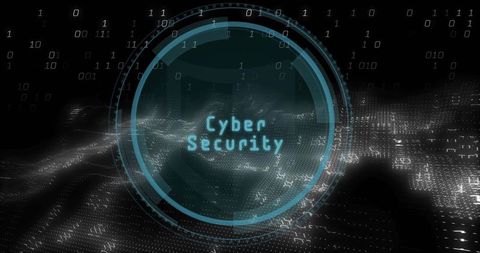 Teal hud protecting cyber security with binary grid, holographic shield and interface