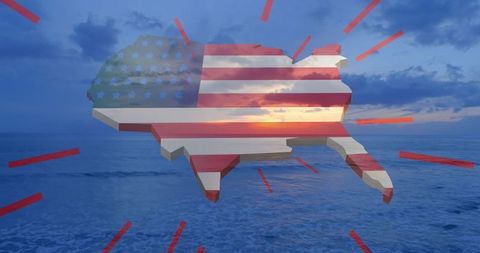 United states flag map over ocean at sunset symbolizing patriotism