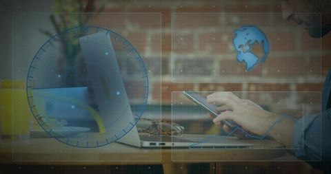 Man Using Tablet and Laptop in Cafe with Futuristic HUD Overlays and Analytics for Remote Work