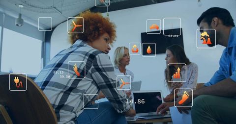 Team collaborating with augmented reality analytics overlays in modern office meeting