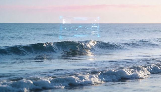 Futuristic ocean interface with blue hud overlay on glinting wave at pink sunset