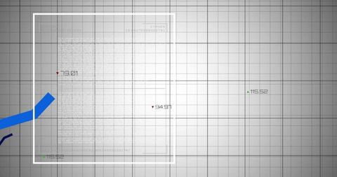 Futuristic hud panel displaying white frame, blue ribbon, numeric markers and gridlines