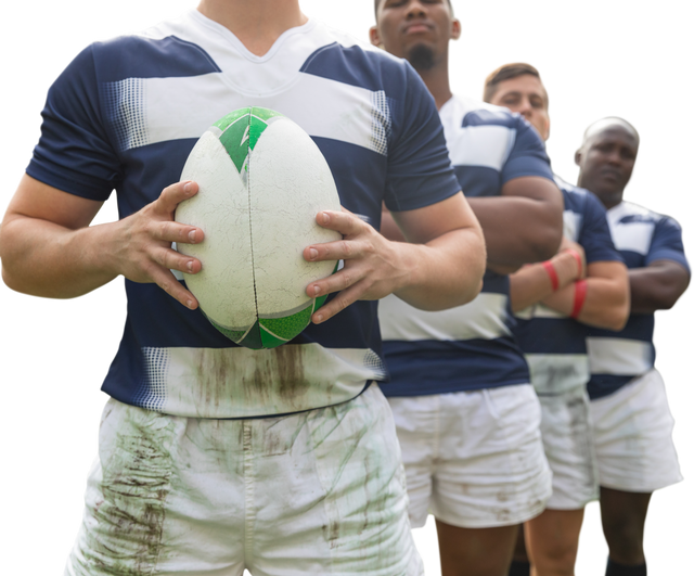 Diverse Male Rugby Players Standing in Line Holding Ball on Transparent Background - Download Free Stock Videos Pikwizard.com