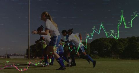 Female Soccer Team Sprinting with Financial Chart Overlay