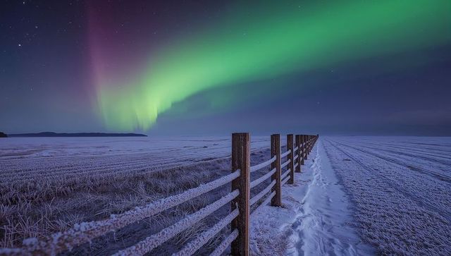 Aurora Borealis Arching Over Frosted Farmland with Long Post-and-Rail Fence under Stars