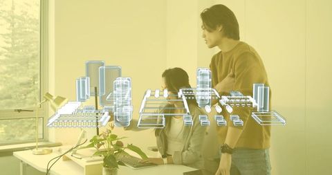 Engineers Collaborating with Floating 3D Blueprint