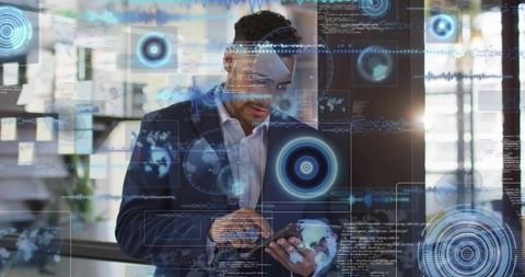 Businessman checking smartphone with holographic AR data overlays in futuristic office