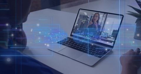 Remote team video meeting on laptop with digital network overlay for virtual collaboration
