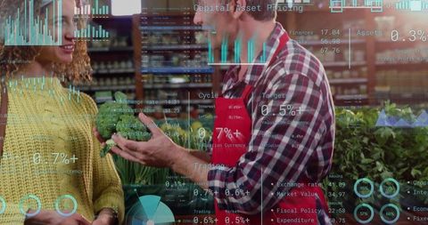Grocery clerk handing broccoli to customer with data analytics overlay retail dashboard