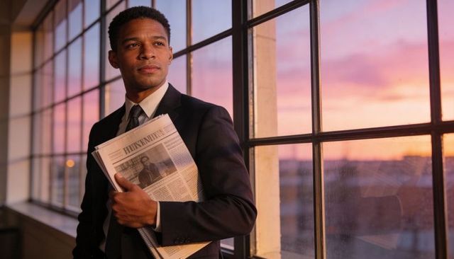 Male professional holding newspaper at sunset by industrial window with city skyline
