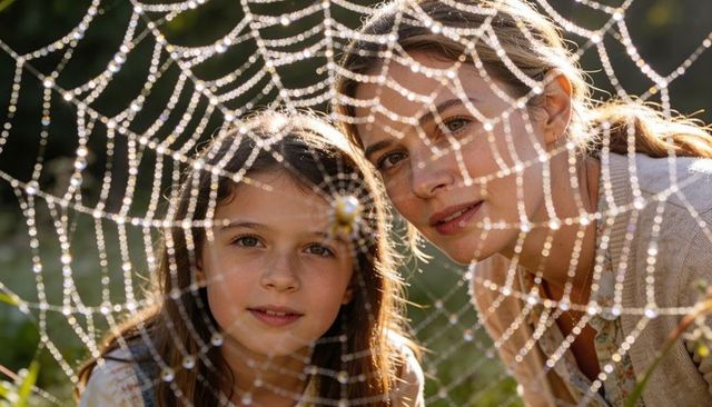 Mother and daughter exploring dew-covered spiderweb backlit by morning sunlight