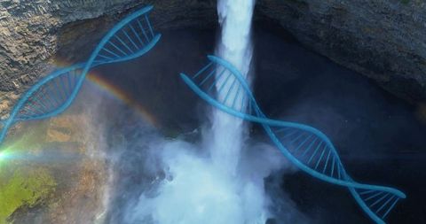 Dna double helix flowing through waterfall merging science and nature conceptual art