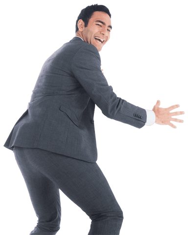 Happy businessman in suit holding on transparent background