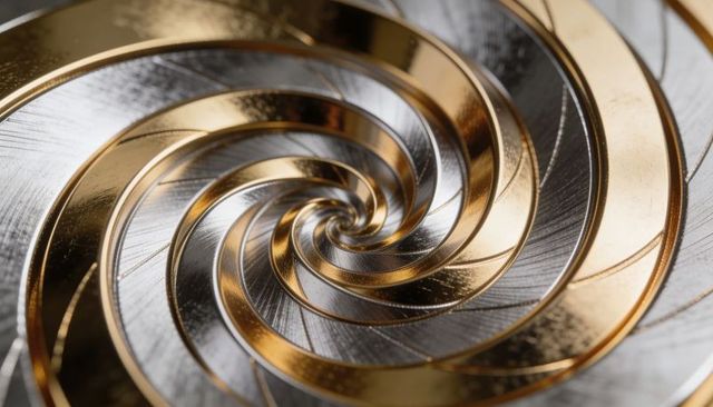 Two-Tone Metallic Spiral Vortex Gold and Silver Brushed Metal Macro Abstract Background