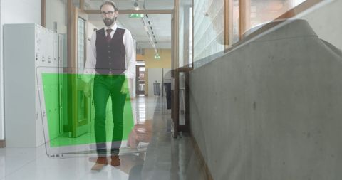 Businessman Walking in Office Corridor with Digital Laptop Overlay