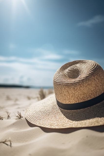 Straw hat on sandy beach under bright sunlight, ideal for promoting summer vacations, beach getaways, and relaxation concepts. Great choice for travel blogs, tourism advertisements, and beach-themed websites. Conveys a sense of warmth, leisure, and escape from daily routine.
