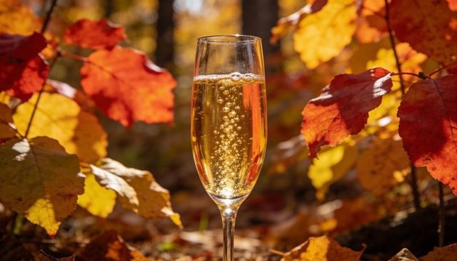 Sparkling champagne flute glinting among golden autumn leaves on sunlit forest floor