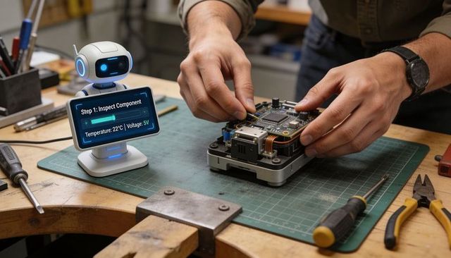 Technician assembling pcb with ai assistant robot on workbench