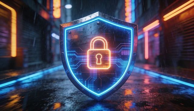Neon cybersecurity shield protecting digital data in rainy cyberpunk alleyway at night