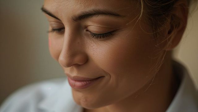 Serene closeup portrait smiling young woman with closed eyes and soft natural lighting