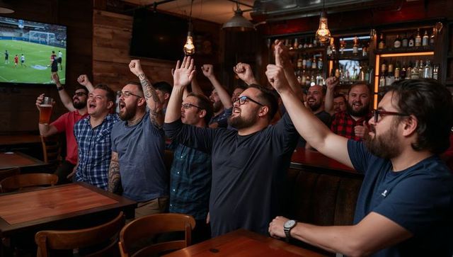Men cheering at sports bar watching soccer on tv, fans celebrating goal and victory live