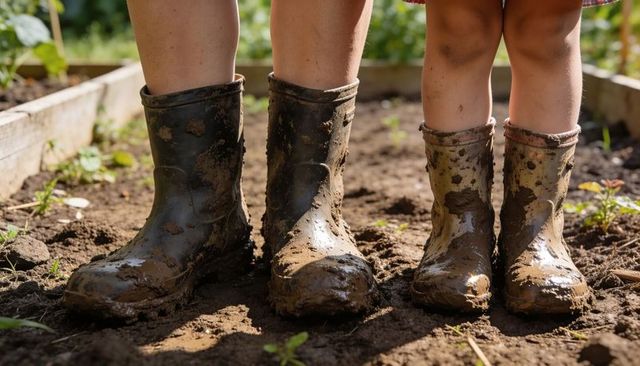 Parent and child wearing muddy boots standing in sunlit raised garden bed with seedlings