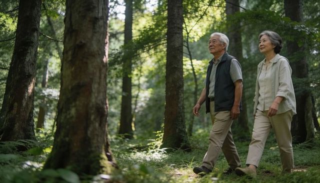 Senior asian couple walking through sunlit mossy forest trail for active aging and wellness