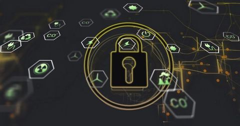Digital security concept with energy symbols and virtual interface