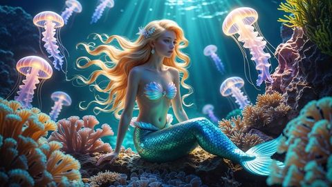 Beautiful mermaid surrounded by luminescent jellyfish