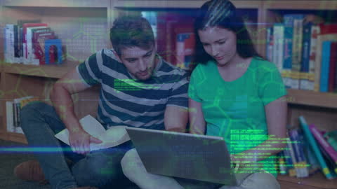 Students Using Laptop Amidst Digital Data Overlay in Library