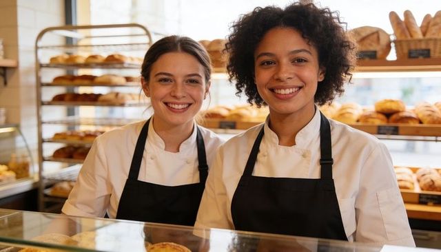 Two smiling bakers serving fresh pastries behind glass display in bright artisan bakery