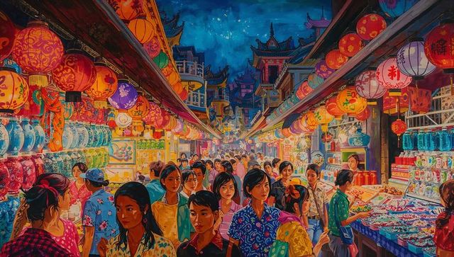 Vibrant Lantern-Lit Night Market Crowds with Colorful Stalls, Ceramics, Street Vendors