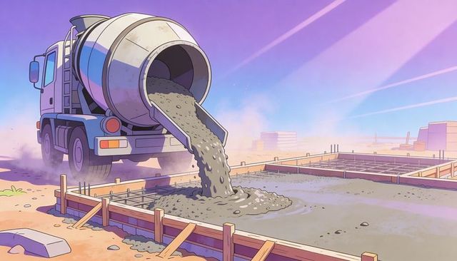 Concrete mixer truck pouring wet concrete into wood formwork for foundation slab