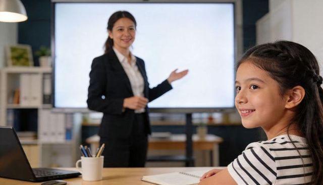 Teacher presenting at digital board while smiling girl learning with laptop and notebook