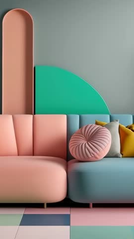 Sliding geometric panels aligning behind pastel sofa on tiled floor | Vertical interior animation