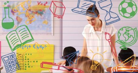 Teacher Engaging Diverse Students with Educational Icons Highlighting Learning