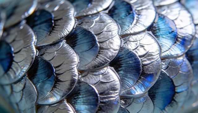 Iridescent silver-blue sequined scale texture macro detail for fashion and design