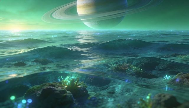 Alien ocean dusk with ringed gas giant reflecting over bioluminescent coral, glowing waves