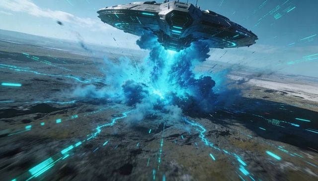Futuristic ufo hovering emitting cyan energy beam creating plasma plume and crater