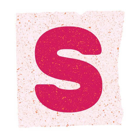 Uppercase pink letter s on textured torn paper, transparent canvas