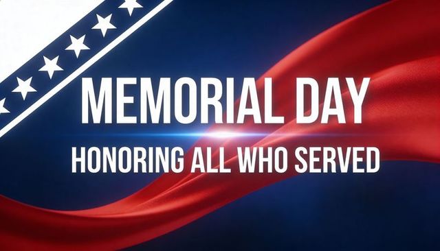 Memorial day banner honoring all who served with waving red ribbon and starfield