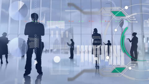 Digital Interface with Business People Silhouettes