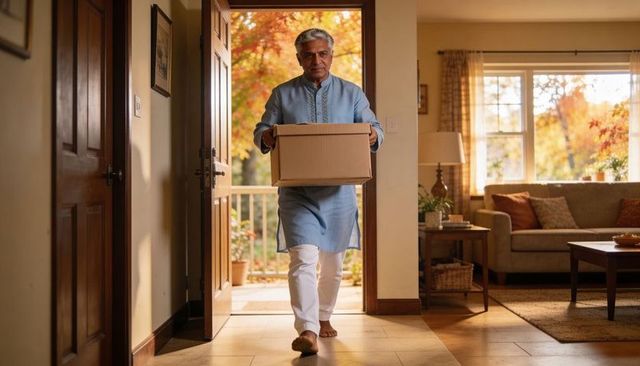 Senior indian man carrying parcel into cozy home during autumn