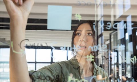 Asian woman brainstorming on glass whiteboard with sticky notes in modern open office