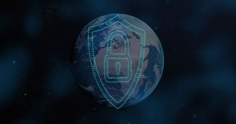 Earth with shield and padlock icon representing global cybersecurity